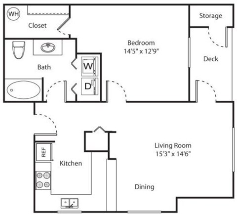 Floor plan for 1 bed, 1 bath, 720 sqft